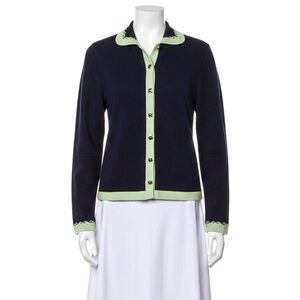 ST. JOHN Vintage Navy & Mint Green Santana Knit Cardigan Jacket Women's Size 10